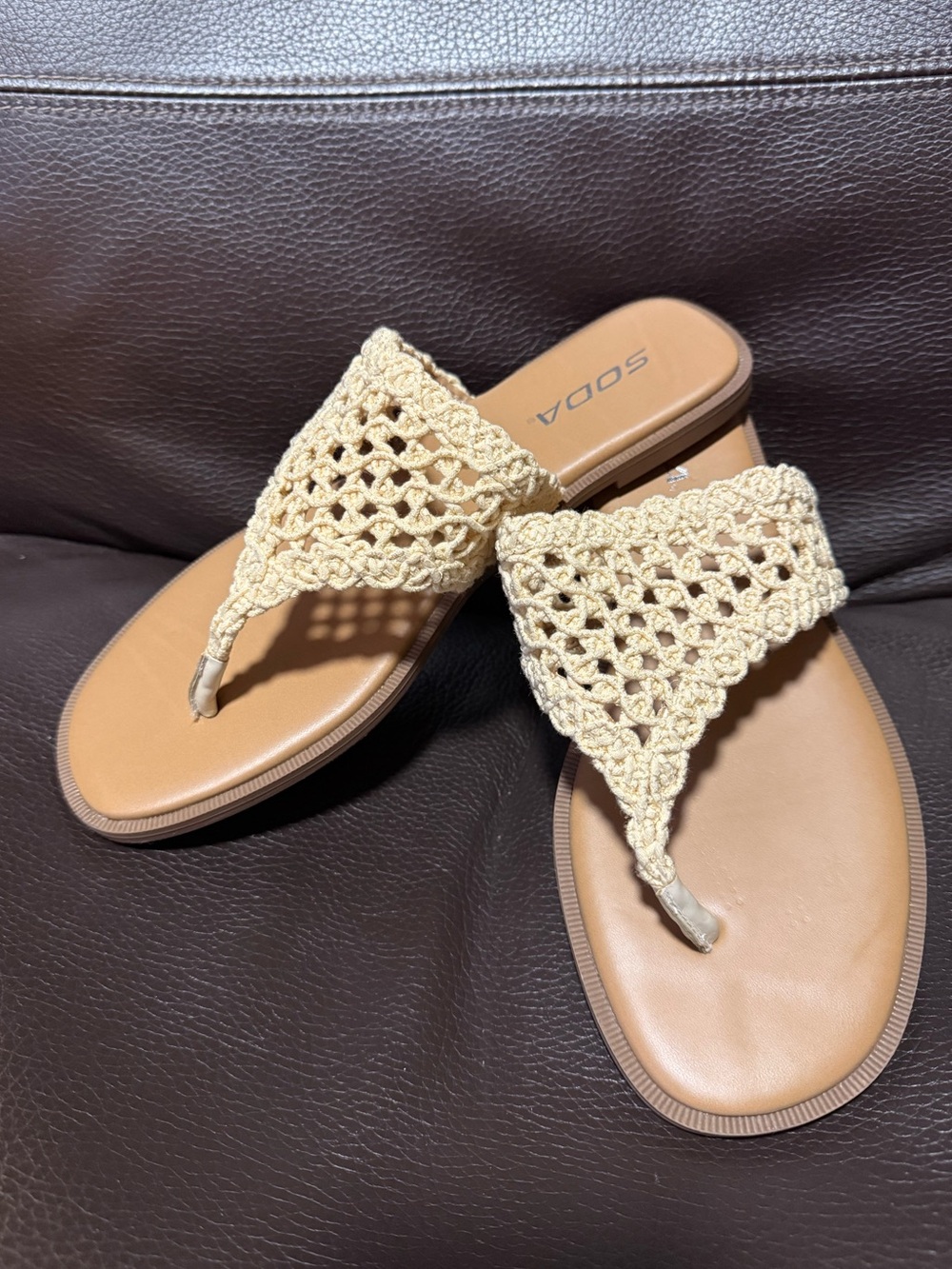 Soda Women’s Crochet Toe-Post Sandals in Tan and Cream